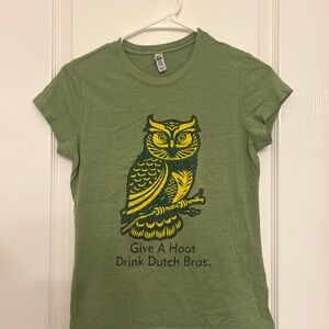 Dutch Bros “Give a Hoot” Green Tee with Yellow Owl Design